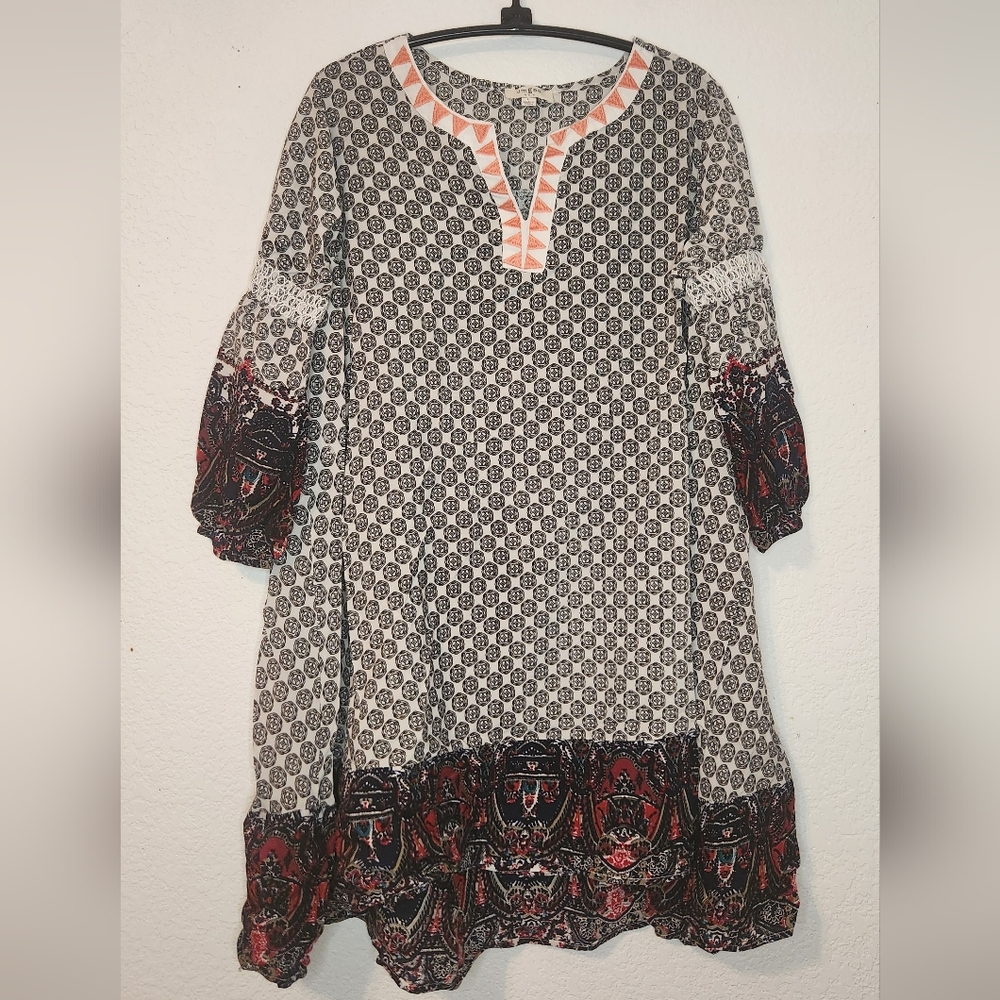 Ungee Black and White Geometric Print Boho Tunic/Dress, Size L‎